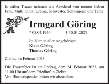 Traueranzeige von Irmgard Göring  von Magdeburger Volksstimme