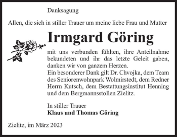 Traueranzeige von Irmgard Göring  von Magdeburger Volksstimme