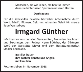 Traueranzeige von Irmgard Günther  von Magdeburger Volksstimme