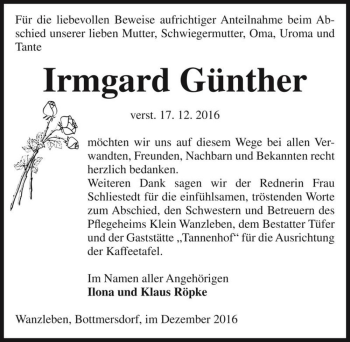 Traueranzeige von Irmgard Günther  von Magdeburger Volksstimme
