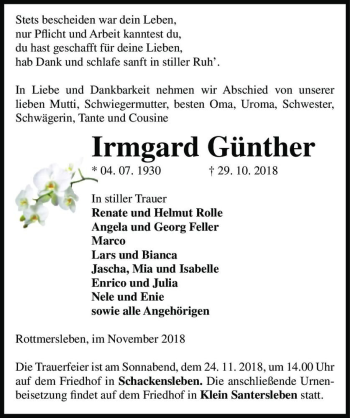 Traueranzeige von Irmgard Günther  von Magdeburger Volksstimme