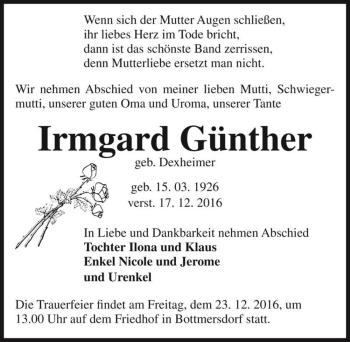 Traueranzeige von Irmgard Günther (geb. Dexheimer)  von Magdeburger Volksstimme