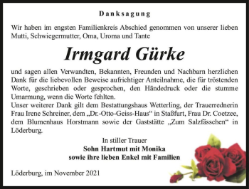 Traueranzeige von Irmgard Gürke  von Magdeburger Volksstimme