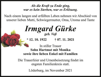 Traueranzeige von Irmgard Gürke (geb. Voß)  von Magdeburger Volksstimme