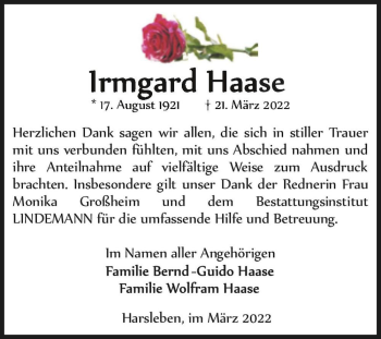 Traueranzeige von Irmgard Haase  von Magdeburger Volksstimme