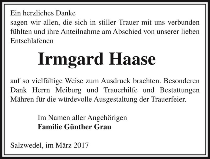  Traueranzeige für Irmgard Haase  vom 09.03.2017 aus Magdeburger Volksstimme