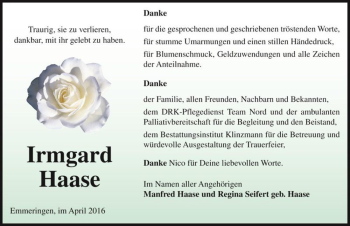 Traueranzeige von Irmgard Haase  von Magdeburger Volksstimme