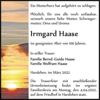 Traueranzeige von Irmgard Haase  von Magdeburger Volksstimme