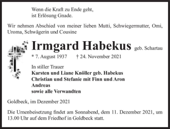 Traueranzeige von Irmgard Habekus (geb. Schartau)  von Magdeburger Volksstimme