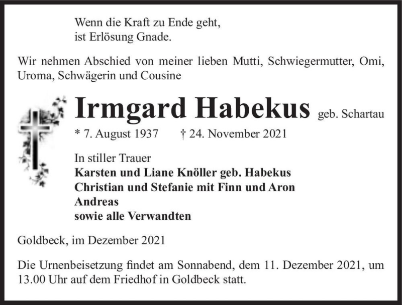  Traueranzeige für Irmgard Habekus (geb. Schartau)  vom 04.12.2021 aus Magdeburger Volksstimme