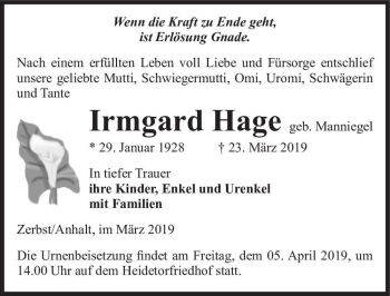Traueranzeige von Irmgard Hage (geb. Manniegel)  von Magdeburger Volksstimme