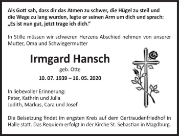 Traueranzeige von Irmgard Hansch (geb. Otte)  von Magdeburger Volksstimme