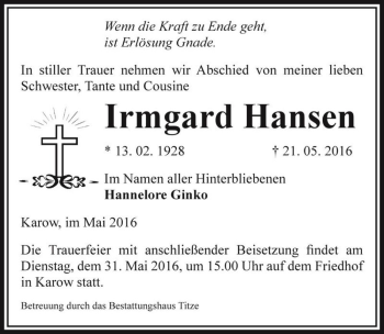 Traueranzeige von Irmgard Hansen  von Magdeburger Volksstimme