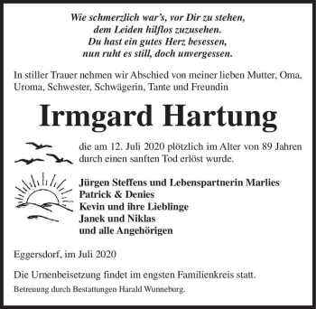 Traueranzeige von Irmgard Hartung  von Magdeburger Volksstimme