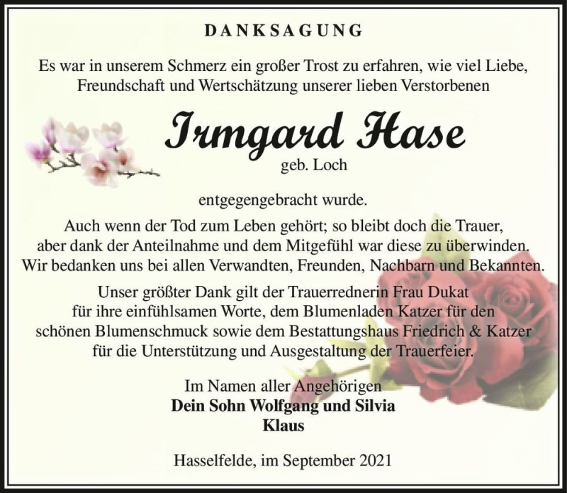  Traueranzeige für Irmgard Hase (geb. Loch)  vom 18.09.2021 aus Magdeburger Volksstimme