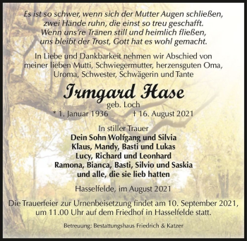 Traueranzeige von Irmgard Hase (geb. Loch)  von Magdeburger Volksstimme