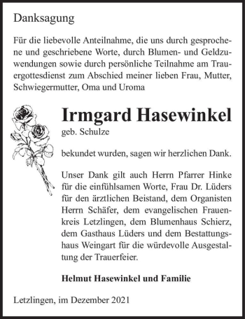 Traueranzeige von Irmgard Hasewinkel (geb. Schulze)  von Magdeburger Volksstimme