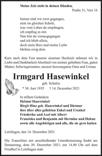 Traueranzeige von Irmgard Hasewinkel (geb. Schulze)  von Magdeburger Volksstimme