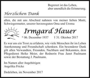 Traueranzeige von Irmgard Hauer  von Magdeburger Volksstimme