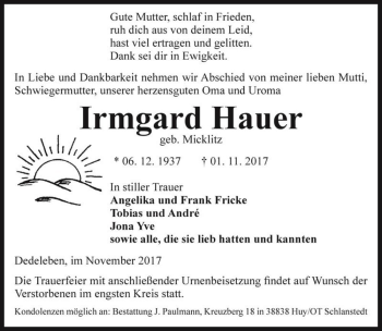 Traueranzeige von Irmgard Hauer (geb. Micklitz)  von Magdeburger Volksstimme