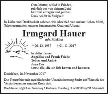 Traueranzeige von Irmgard Hauer (geb. Micklitz)  von Magdeburger Volksstimme