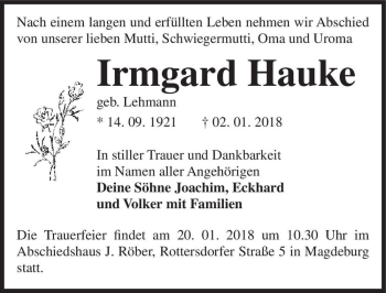 Traueranzeige von Irmgard Hauke (geb. Lehmann)  von Magdeburger Volksstimme