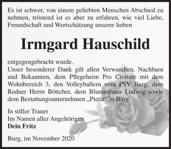 Traueranzeige von Irmgard Hauschild  von Magdeburger Volksstimme