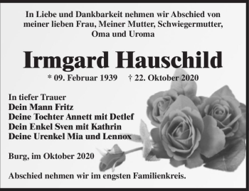 Traueranzeige von Irmgard Hauschild  von Magdeburger Volksstimme