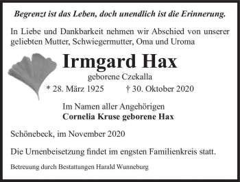 Traueranzeige von Irmgard Hax (geb. Czekalla)  von Magdeburger Volksstimme