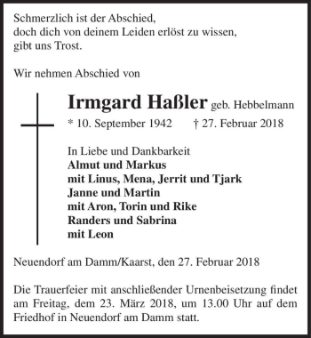 Traueranzeige von Irmgard Haßler (geb. Hebbelmann)  von Magdeburger Volksstimme