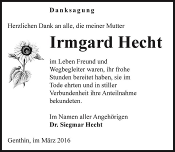 Traueranzeige von Irmgard Hecht  von Magdeburger Volksstimme