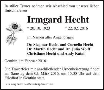 Traueranzeige von Irmgard Hecht  von Magdeburger Volksstimme