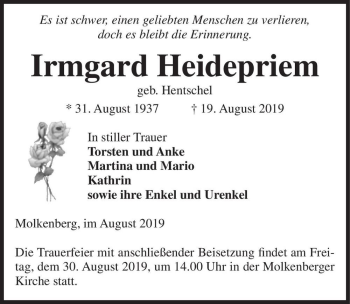 Traueranzeige von Irmgard Heidepriem (geb. Hentschel)  von Magdeburger Volksstimme