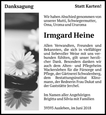 Traueranzeige von Irmgard Heine  von Magdeburger Volksstimme