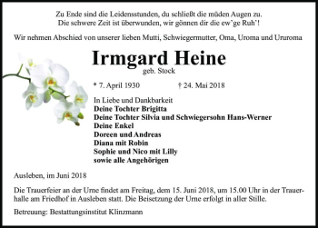 Traueranzeige von Irmgard Heine (geb. Stock)  von Magdeburger Volksstimme