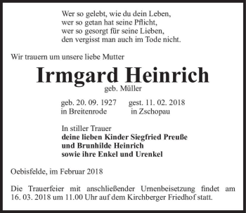 Traueranzeige von Irmgard Heinich (geb. Müller)  von Magdeburger Volksstimme