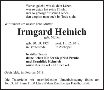 Traueranzeige von Irmgard Heinich (geb. Müller)  von Magdeburger Volksstimme