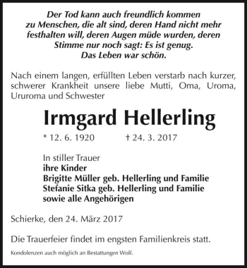 Traueranzeige von Irmgard Hellerling  von Magdeburger Volksstimme