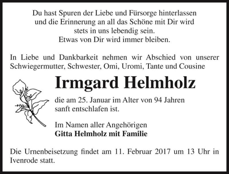  Traueranzeige für Irmgard Helmholz  vom 04.02.2017 aus Magdeburger Volksstimme