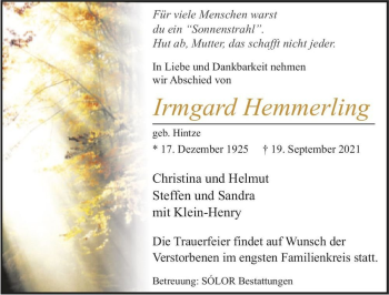 Traueranzeige von Irmgard Hemmerling (geb. Hintze)  von Magdeburger Volksstimme