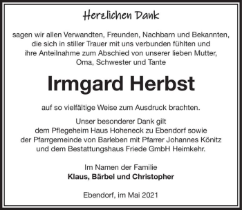 Traueranzeige von Irmgard Herbst  von Magdeburger Volksstimme
