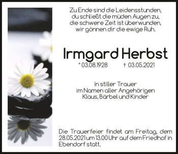 Traueranzeige von Irmgard Herbst  von Magdeburger Volksstimme