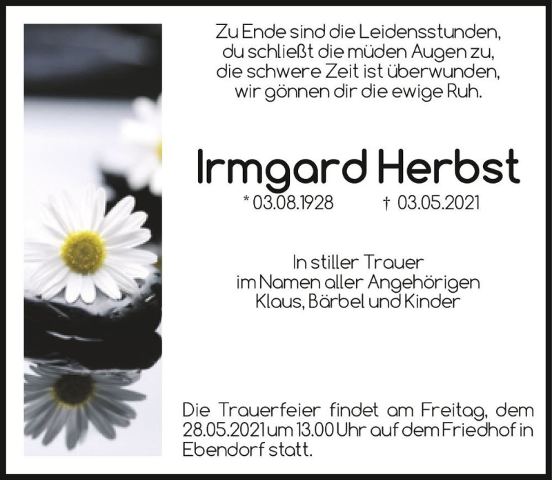  Traueranzeige für Irmgard Herbst  vom 15.05.2021 aus Magdeburger Volksstimme