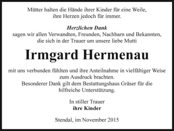 Traueranzeige von Irmgard Hermenau  von Magdeburger Volksstimme