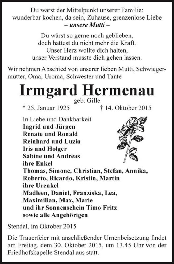  Traueranzeige für Irmgard Hermenau (geb. Gille)  vom 24.10.2015 aus Magdeburger Volksstimme