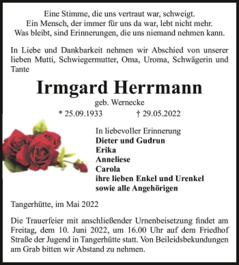 Traueranzeige von Irmgard Herrmann (geb. Wernecke)  von Magdeburger Volksstimme