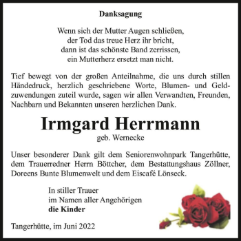 Traueranzeige von Irmgard Herrmann (geb. Wernecke)  von Magdeburger Volksstimme