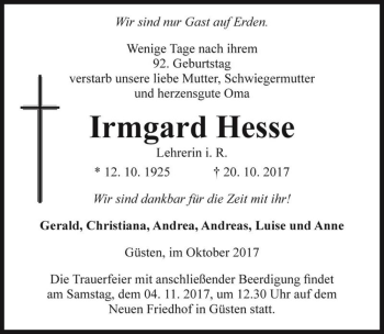 Traueranzeige von Irmgard Hesse  von Magdeburger Volksstimme