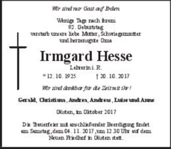 Traueranzeige von Irmgard Hesse  von Magdeburger Volksstimme