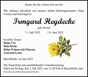 Traueranzeige von Irmgard Heydecke (geb. Fessel)  von Magdeburger Volksstimme